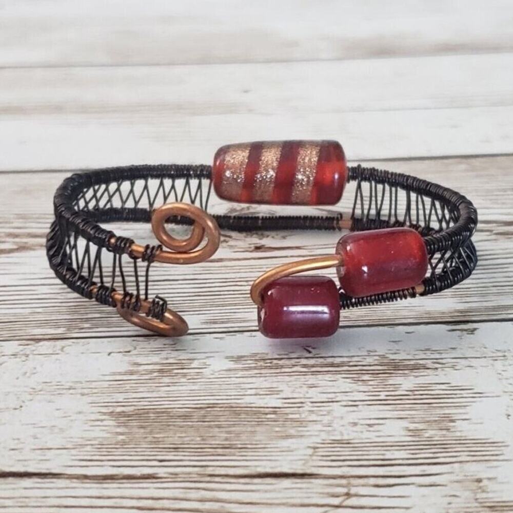 Vintage Bracelet Bangle Dark Wire Wrapped with Red Beads